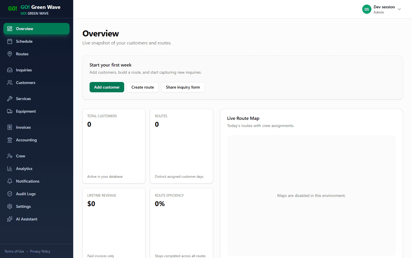 Overview dashboard with top operational metrics