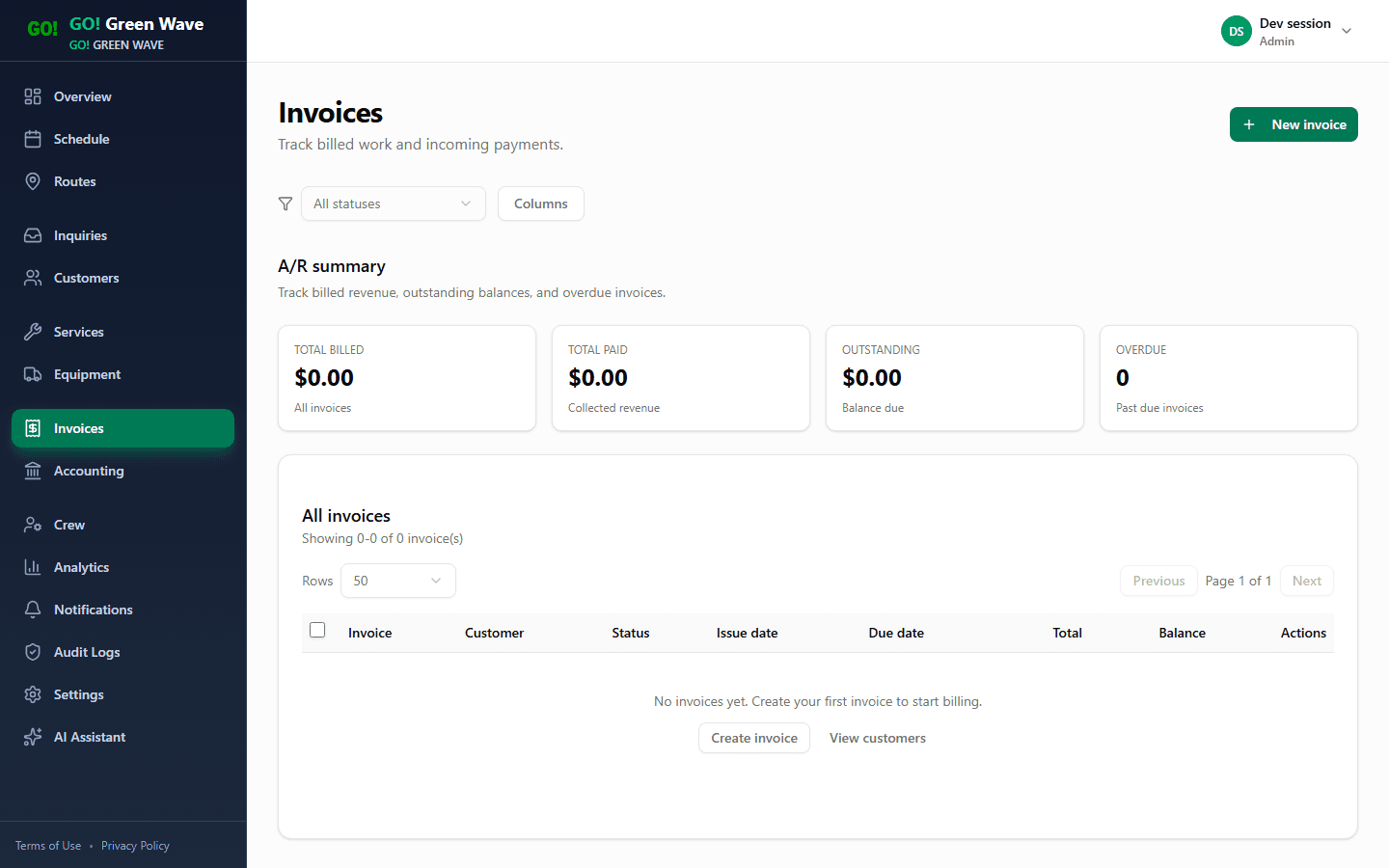 Invoices screen showing billing workflow and payment status
